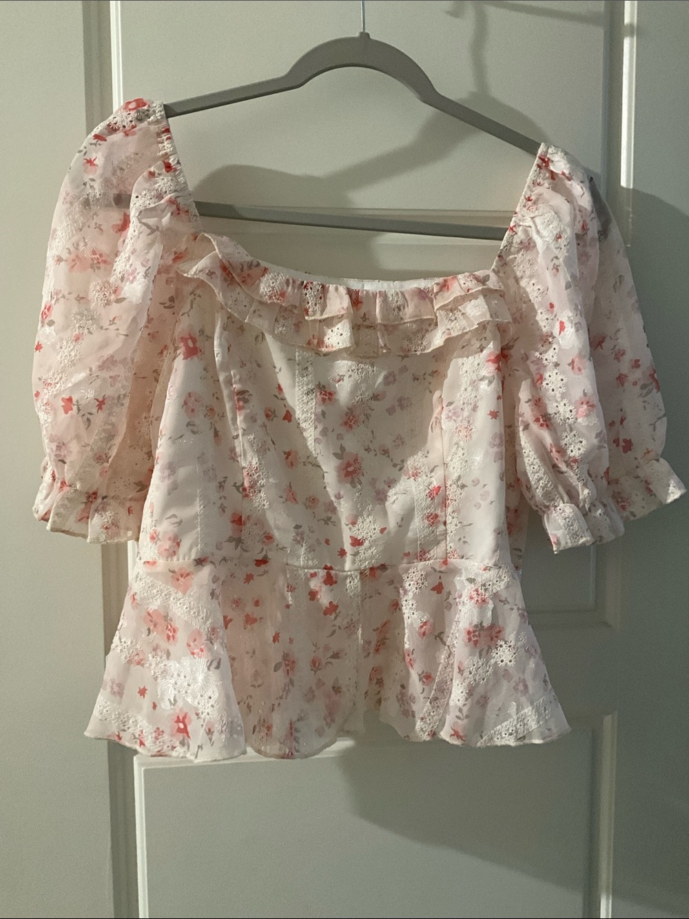 DAZY XL Floral Puff Sleeve Peplum Blouse Cottagecore Pink